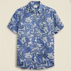 NWT J. Crew Men's Blue Paisley Short Sleeve Linen Shirt